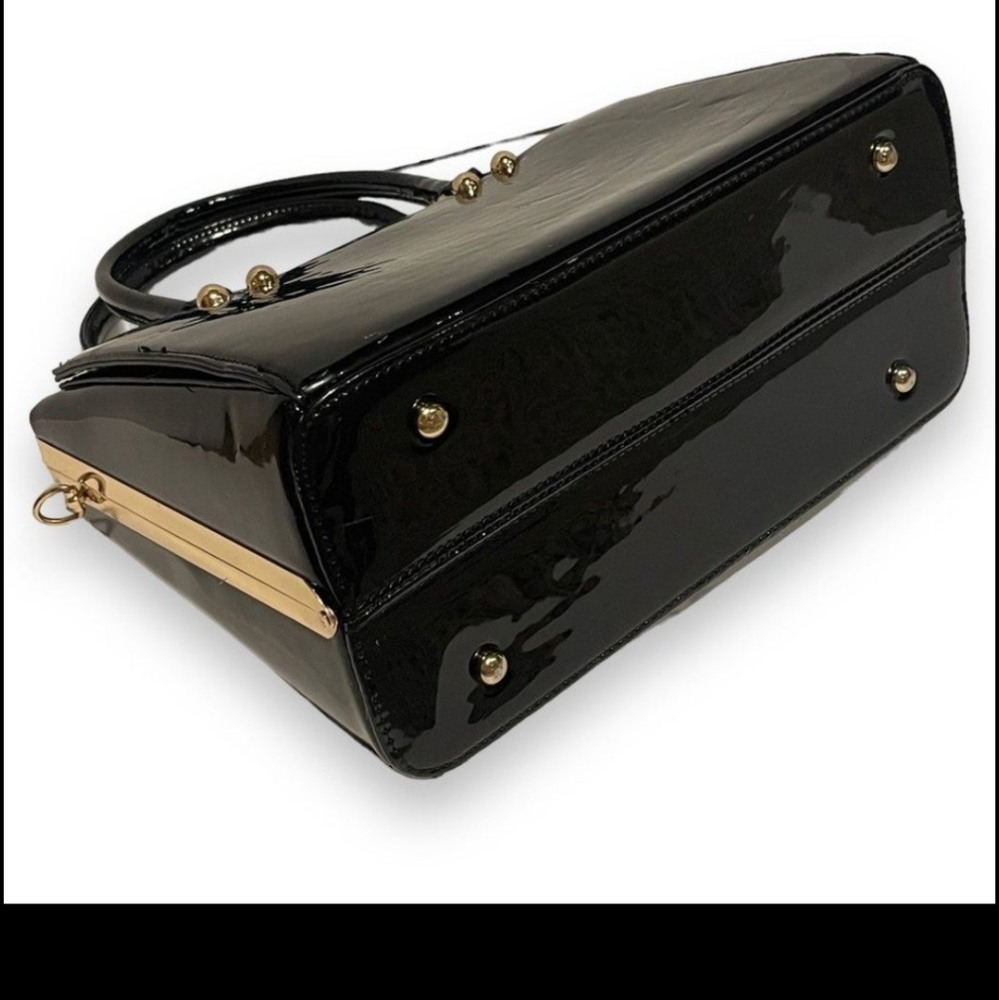 Black Vegan Patent Leather Gold-tone Hardware Crossbody Shoulder Hand Purse